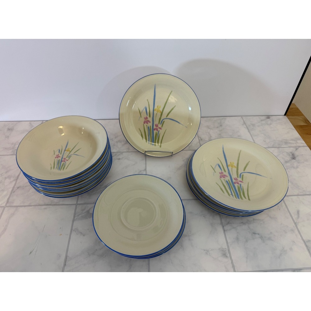Sigma Newstone Pastels Stoneware 18pc Set Floral Iris Blue Rim 8496 Vintage